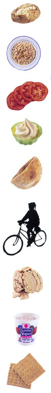 Pictures of healthy foods and exercizing people